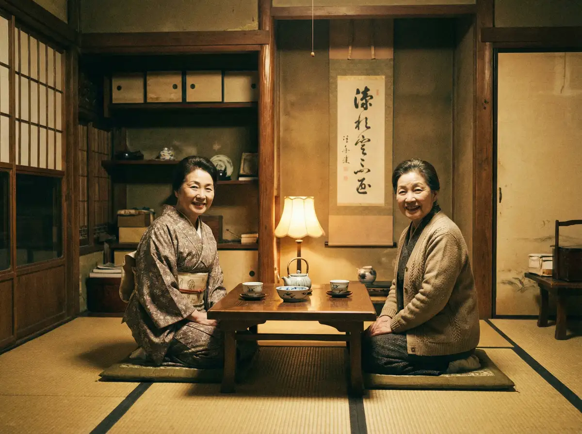 两位优雅的 绿帽子 在日式茶室中品茶交谈